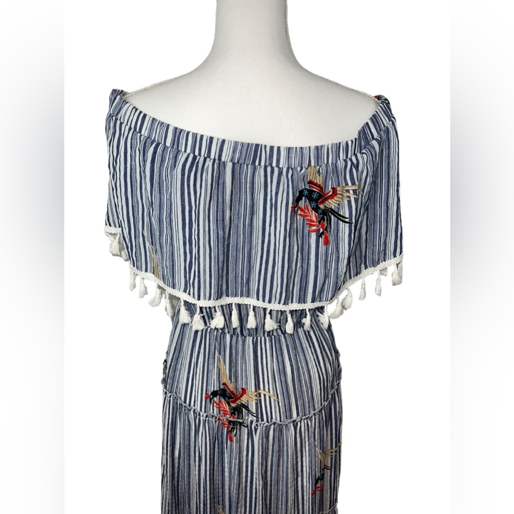 L’ATISTE by AMY Blue & White Off Shoulder tier Maxi Dress with fringe Tassles - Picture 12 of 17